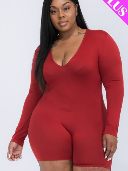 Plus V-neck Long Sleeve Bodycon Romper