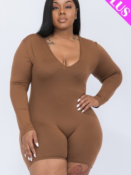 Plus V-neck Long Sleeve Bodycon Romper