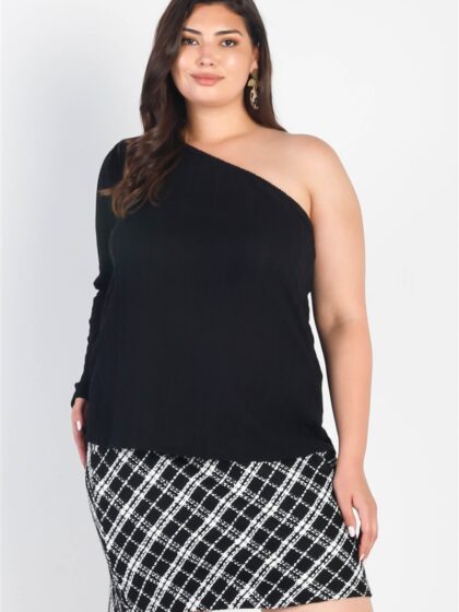 Plus Black Ribbed One Shoulder Top