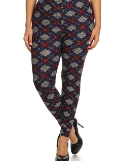 Plus Size Plaid Graphic Printed Knit Legging With Elastic Waist Detail
