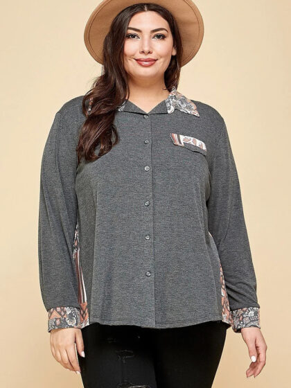 Plus Size Printed Patchwork Contrast Button Up Shirt