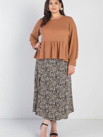 Plus Caramel Waffle Knit Back Button Detail Long Sleeve Top