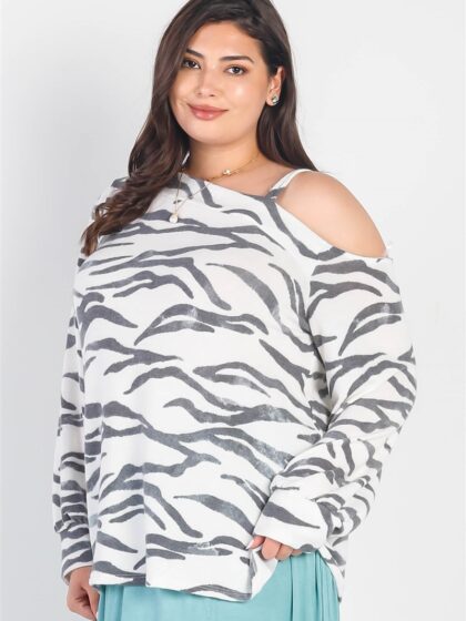 Plus White & Charcoal Zebra Flannel Cold Shoulder Long Sleeve Top