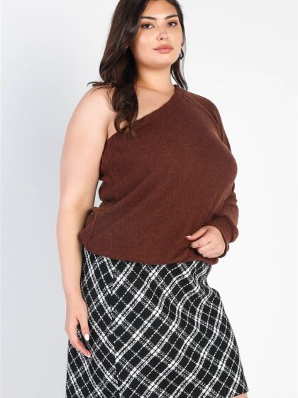 Plus Brown Ribbed Textured One Shoulder Top