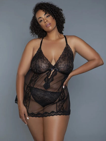 2 Pc Unlined Lace Cups Babydoll Sheer Mesh And Lace Front Panels Design