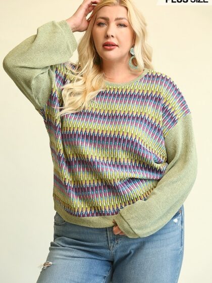 Novelty Knit And Solid Knit Mixed Loose Top With Drop Down Shoulder