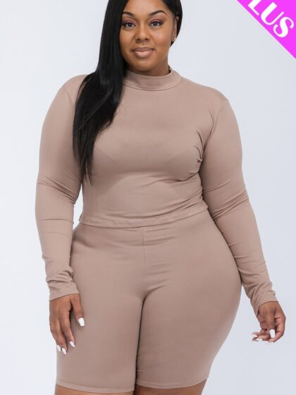 Plus Mock Neck Top & Biker Shorts Set