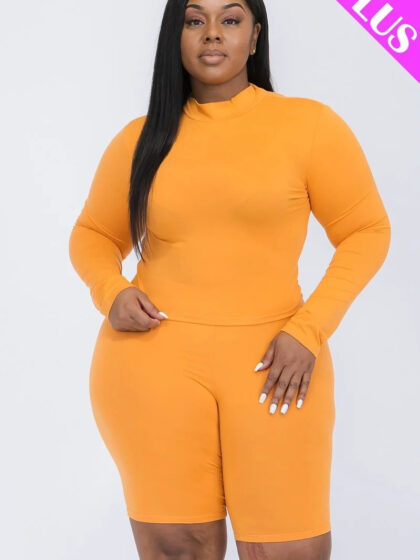 Plus Mock Neck Top & Biker Shorts Set