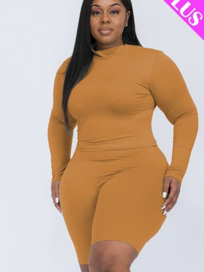 Plus Mock Neck Top & Biker Shorts Set