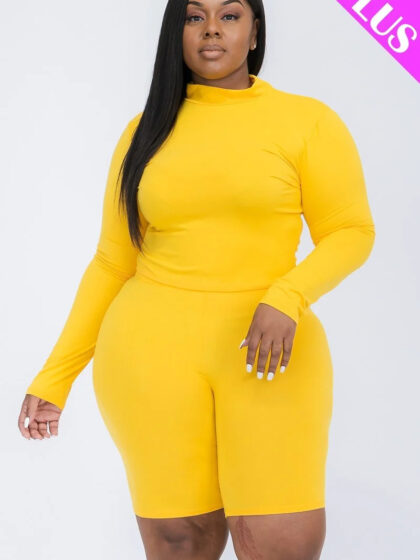 Plus Mock Neck Top & Biker Shorts Set