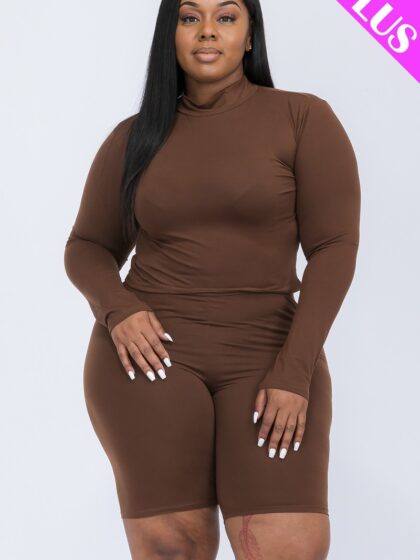 Plus Mock Neck Top & Biker Shorts Set