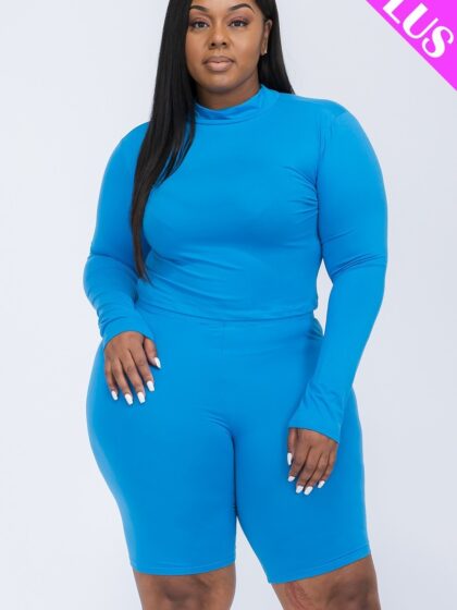 Plus Mock Neck Top & Biker Shorts Set