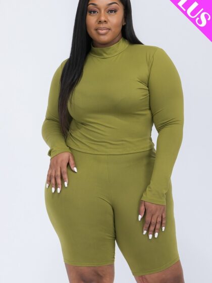 Plus Mock Neck Top & Biker Shorts Set