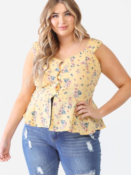 Plus Floral Button-up Sleeveless Flare Hem Top