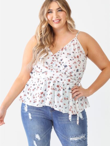 Plus Floral Sleeveless Wrap Neck Flare Hem Top