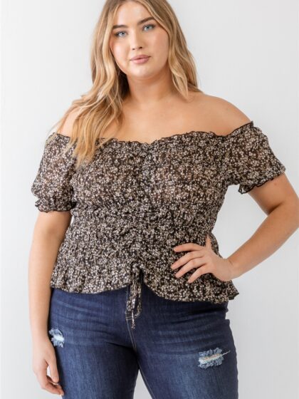 Plus Floral Chiffon Ruched Smocked Off-the-shoulder Top