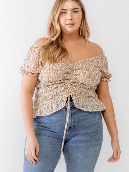 Plus Floral Chiffon Ruched Smocked Off-the-shoulder Top