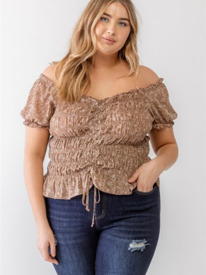 Plus Floral Chiffon Ruched Smocked Off-the-shoulder Top