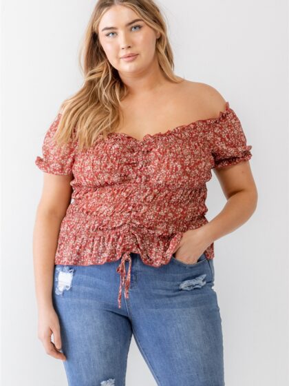 Plus Floral Chiffon Ruched Smocked Off-the-shoulder Top