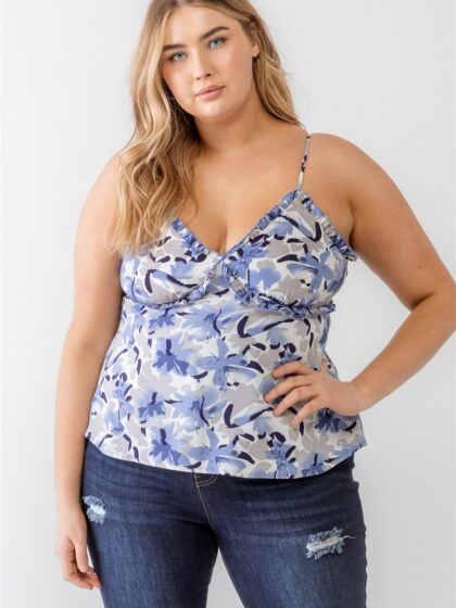 Plus Floral Print Woven Ruffle Sleeveless Back Zipper Tank Top