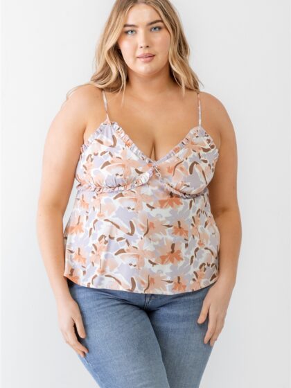 Plus Floral Print Woven Ruffle Sleeveless Back Zipper Tank Top