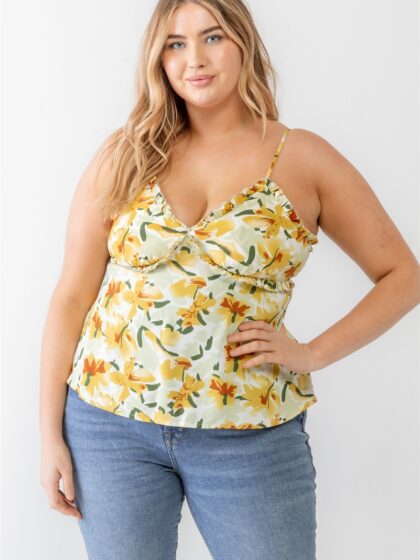 Plus Floral Print Woven Ruffle Sleeveless Back Zipper Tank Top