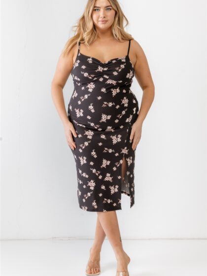 Plus Floral Ribbed Ruched Sleeveless Midi Dress