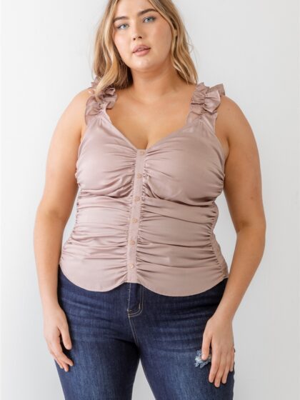 Plus Ruched Button-up Ruffle Strap Smocked Back Tank Top