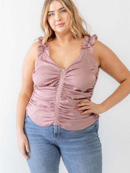 Plus Ruched Button-up Ruffle Strap Smocked Back Tank Top