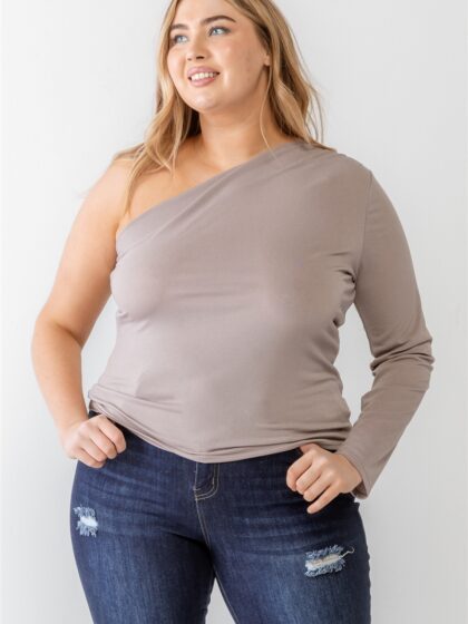 Plus Mocha Textured One Shoulder Top