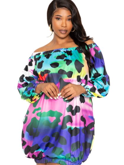 Electric leopard off shoulder bubble mini dress