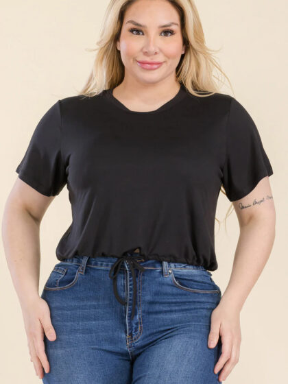Plus Size Tie Front Drawstring Short Sleeve Crop Top