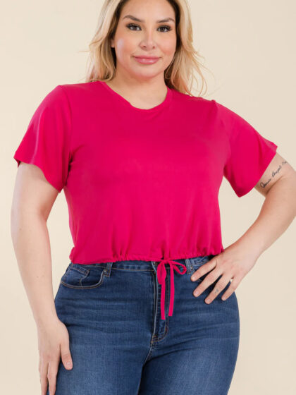 Plus Size Tie Front Drawstring Short Sleeve Crop Top