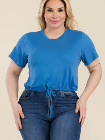 Plus Size Tie Front Drawstring Short Sleeve Crop Top