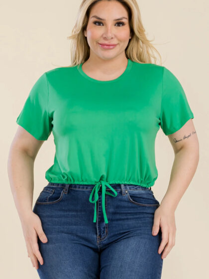 Plus Size Tie Front Drawstring Short Sleeve Crop Top