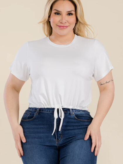 Plus Size Tie Front Drawstring Short Sleeve Crop Top
