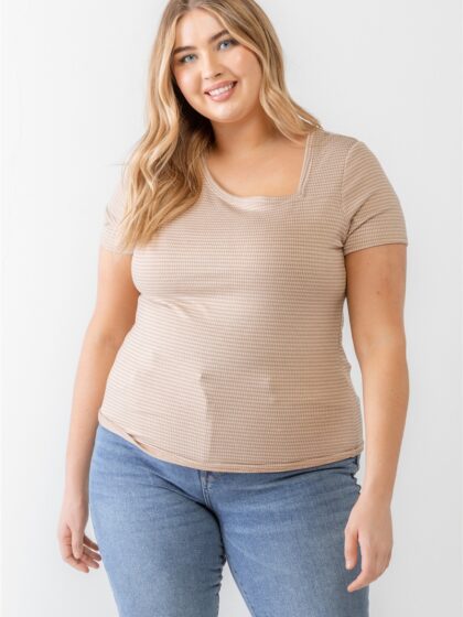 Plus Taupe Waffle Knit Angled Neck Short Sleeve Top
