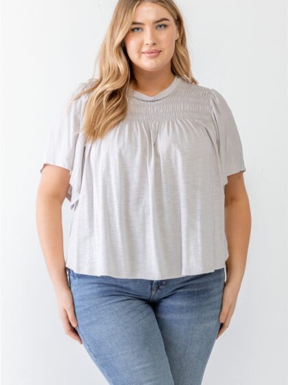 Plus Grey Cotton Blend Smoked Short Sleeve Top