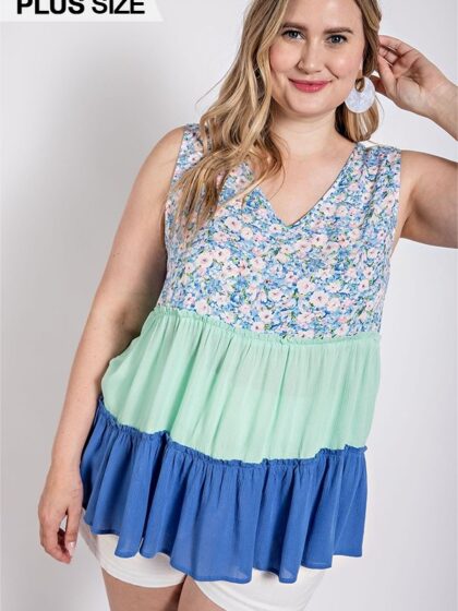 Floral Color Block Ruffle Detail Tiered V-neck Top