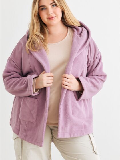 Plus Two Pocket Open Front Soft To Touch Hooded Cardigan Jacket