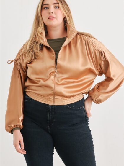 Plus Satin Zip-up Ruched Long Sleeve Cropped Bomber Jacket