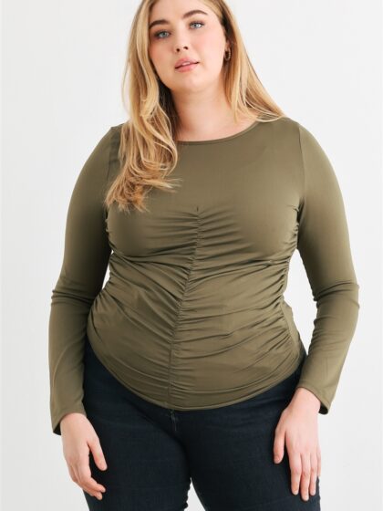 Plus Olive Ruched Long Sleeve Top