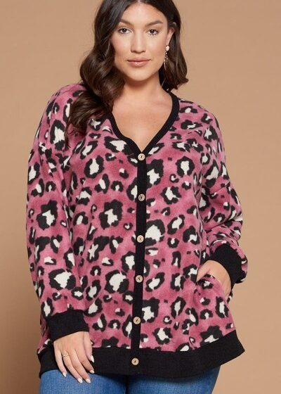 Plus Size Cozy Animal Mir Print With Brush Button Up Cardigan