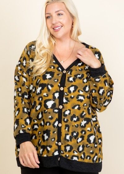 Plus Size Cozy Animal Mir Print With Brush Button Up Cardigan
