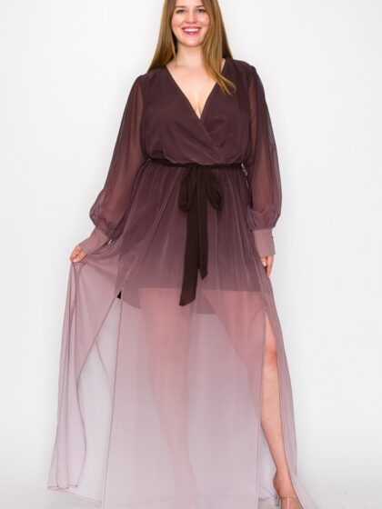 Ombre Chiffon Wrap Front Long Sleeve Tie Waist Slit Front Maxi Dress
