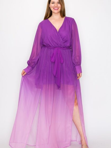 Ombre Chiffon Wrap Front Long Sleeve Tie Waist Slit Front Maxi Dress