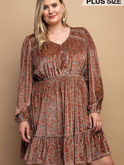 Printed Velvet V-neck Dress With Button Front Detail