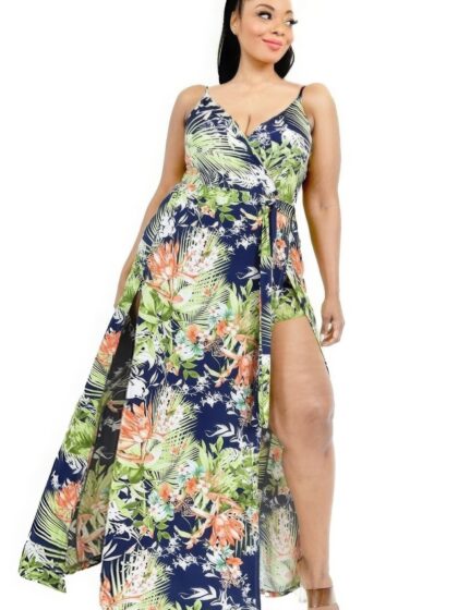 Plus Tropical Leaf Print Surplice Maxi Dress