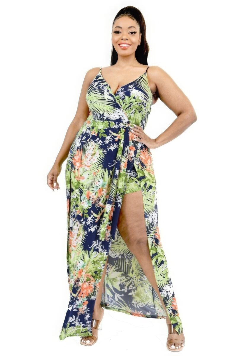 Plus Tropical Leaf Print Surplice Maxi Dress - Image 3