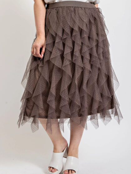 Ruffled Tulle Midi Skirt With Elastic Waist Band